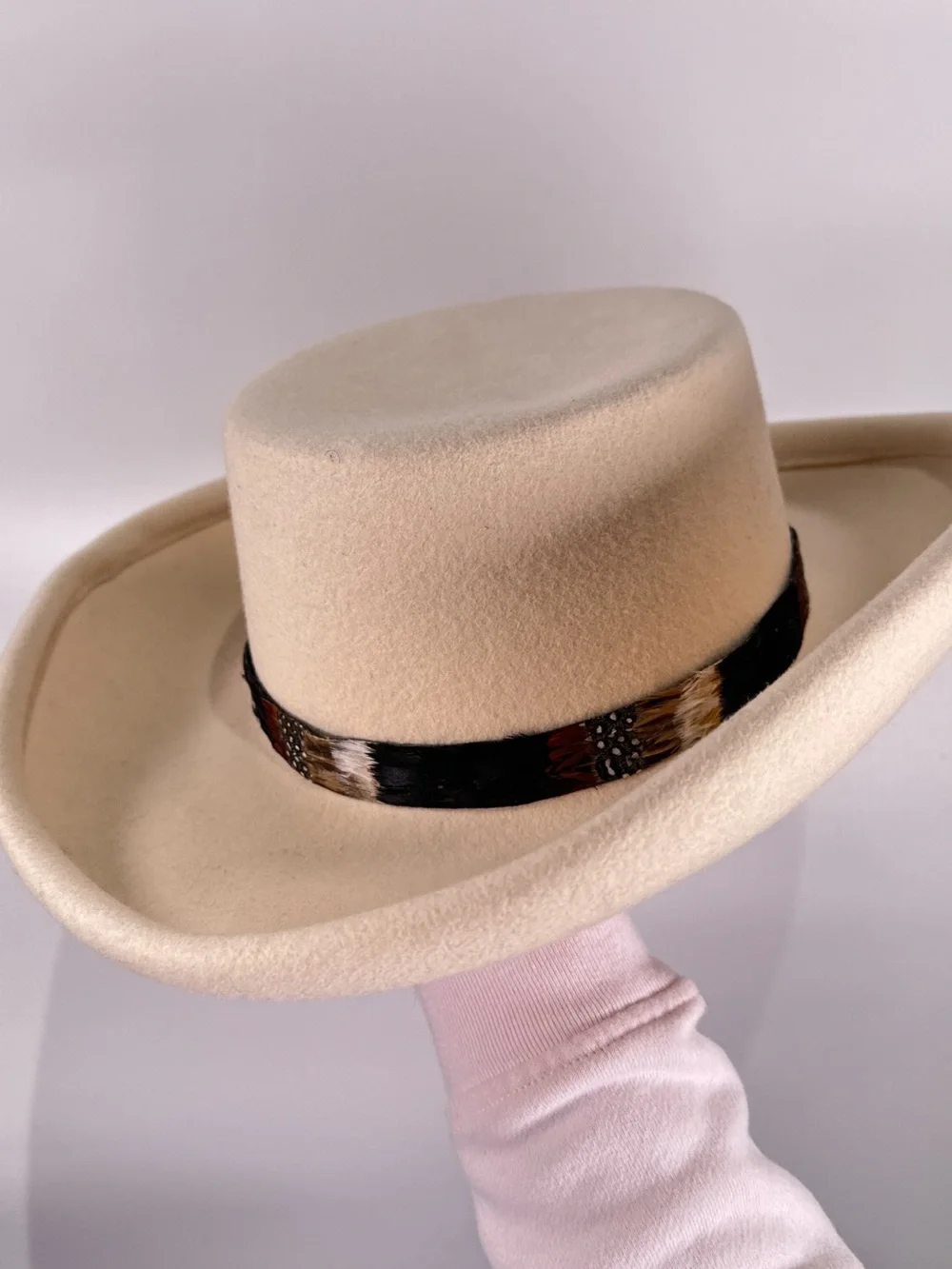 Importina Flat Crown Hat Rolled Brim Feather Band Wool Felt Cream OS